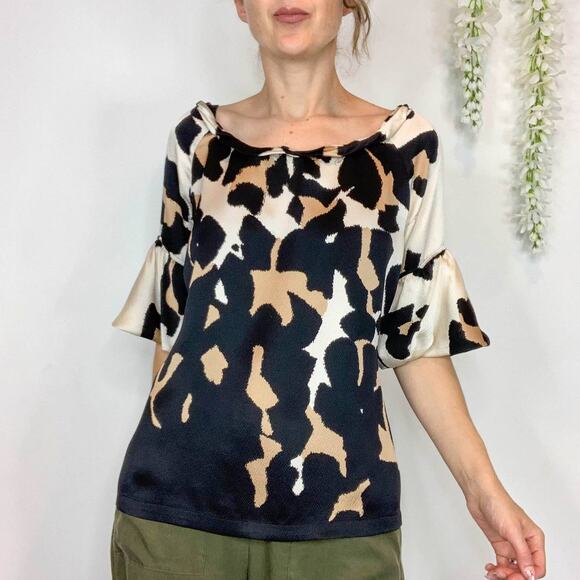 ROBERTO CAVALLI satin silk animal print top balloon flared sleeve y2k 90s - Picture 3 of 13
